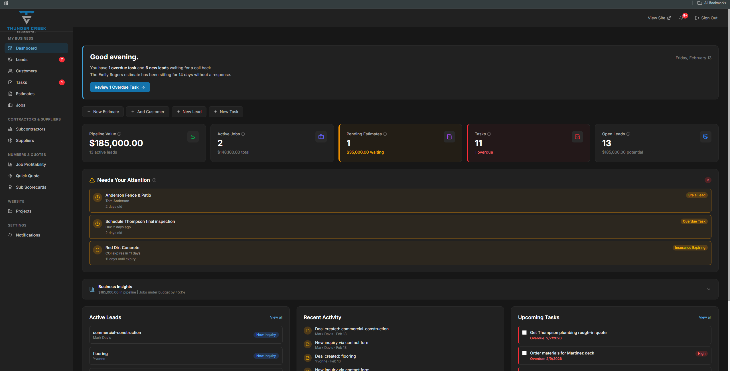 Thunder Creek Construction admin dashboard — custom CRM overview showing leads, projects, and key business metrics