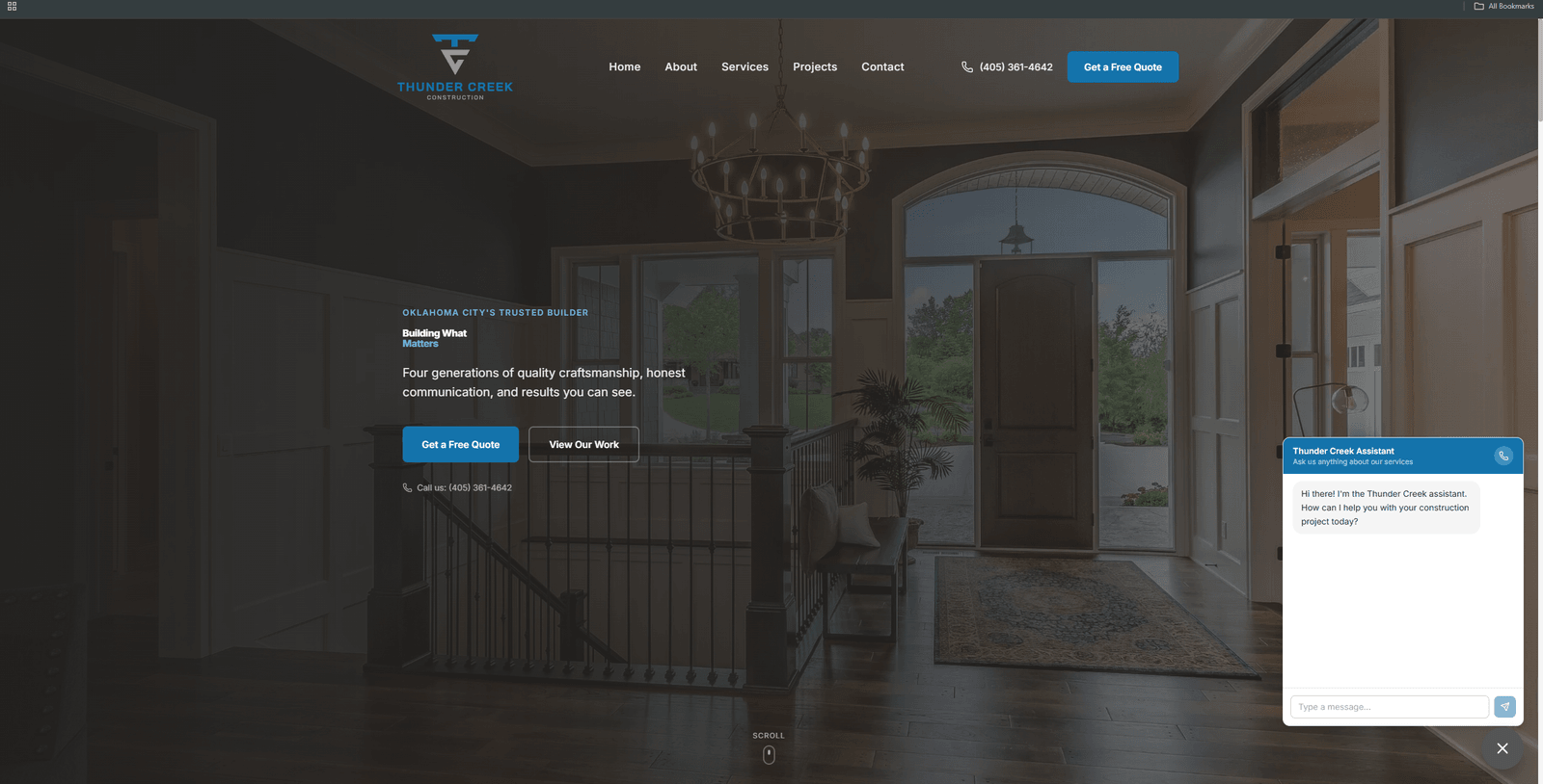 Thunder Creek Construction homepage — modern construction company website with hero section, services overview, and lead generation form